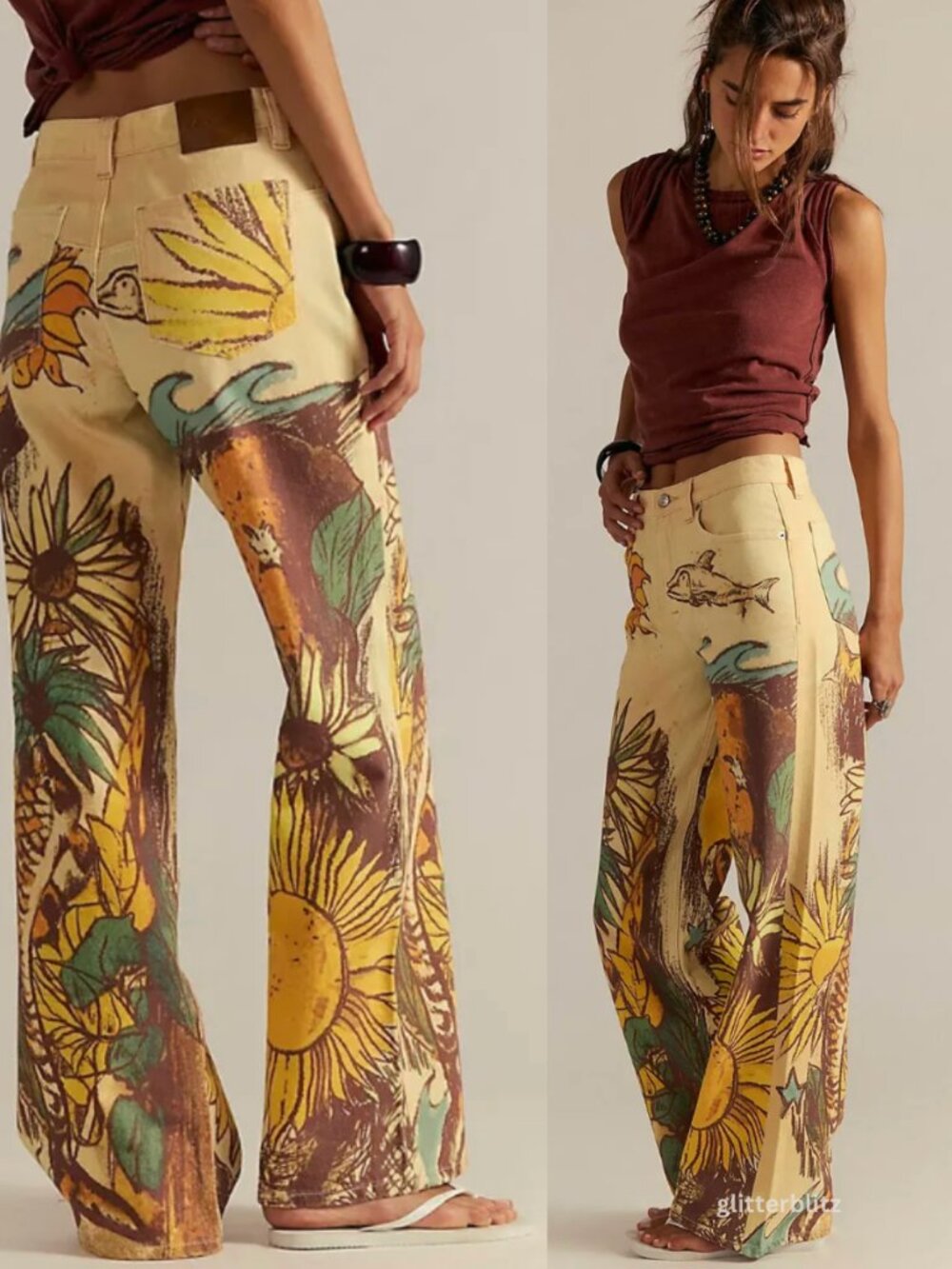 Free People We The Free Tinsley Printed Jeans “Beach Scene”